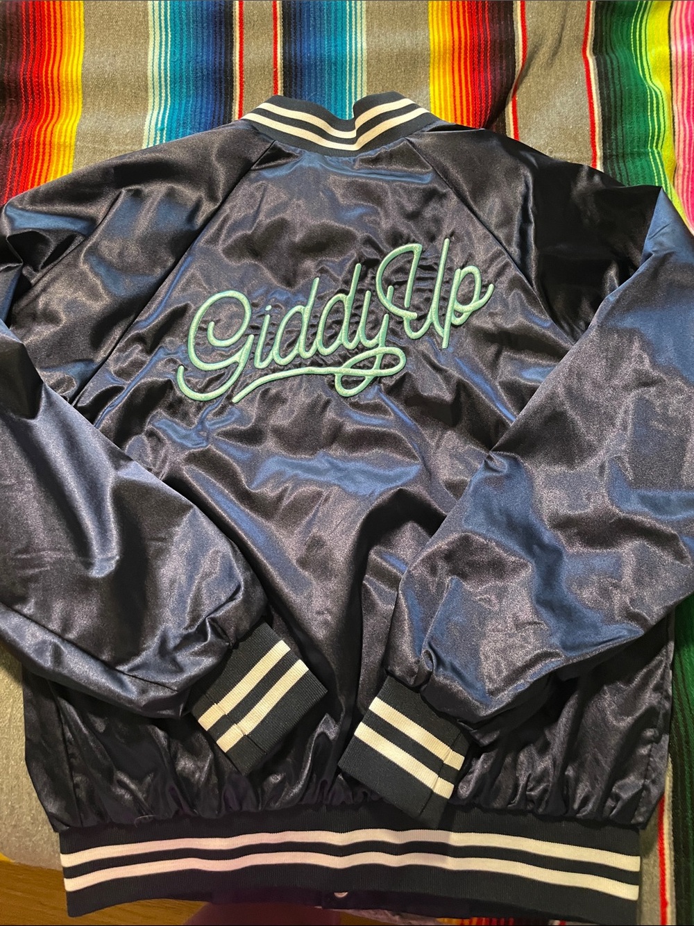Augusta Sportswear Navy Satin Varsity Jacket with Giddy Up/KM Script